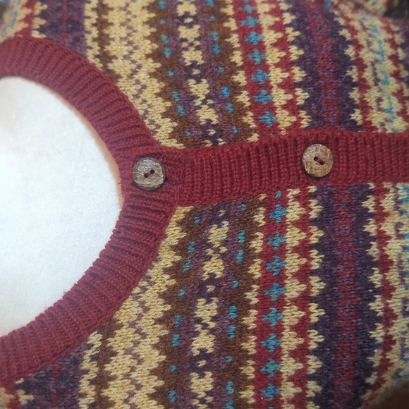 Wool Made In Scotland Old Money Tan/Burgundy Patterned Cardigan Sz S - Picture 7 of 11